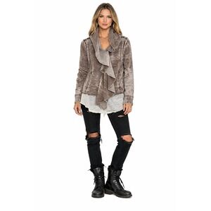 Blanc Noir Women's M Hooded Brown Ruffle Front Open Cardigan Jacket Distressed‎